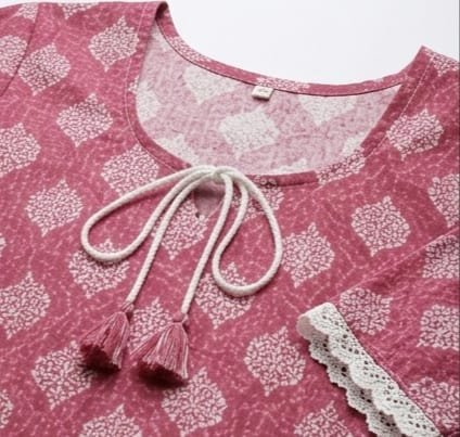 Women's Printed Cotton Round Neck Straight Kurti | Casual & Daily Wear Kurti | Pink